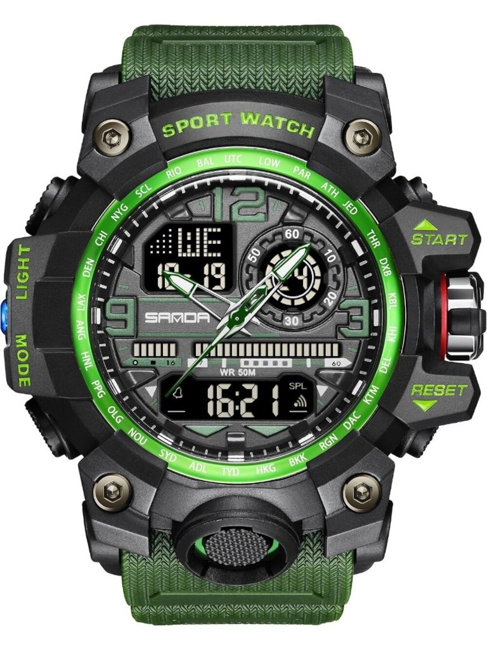 Men's Black Green Sports Outdoor Waterproof Military Multi Function Wrist Watch